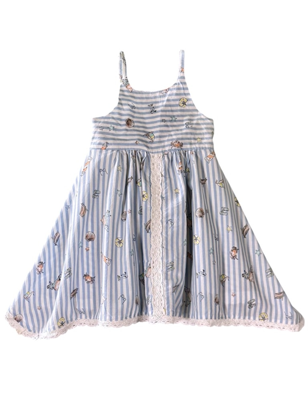 Savannah 3T Blue‎ Stripe Beach Dress Seashell Print Lace Trim Sundress